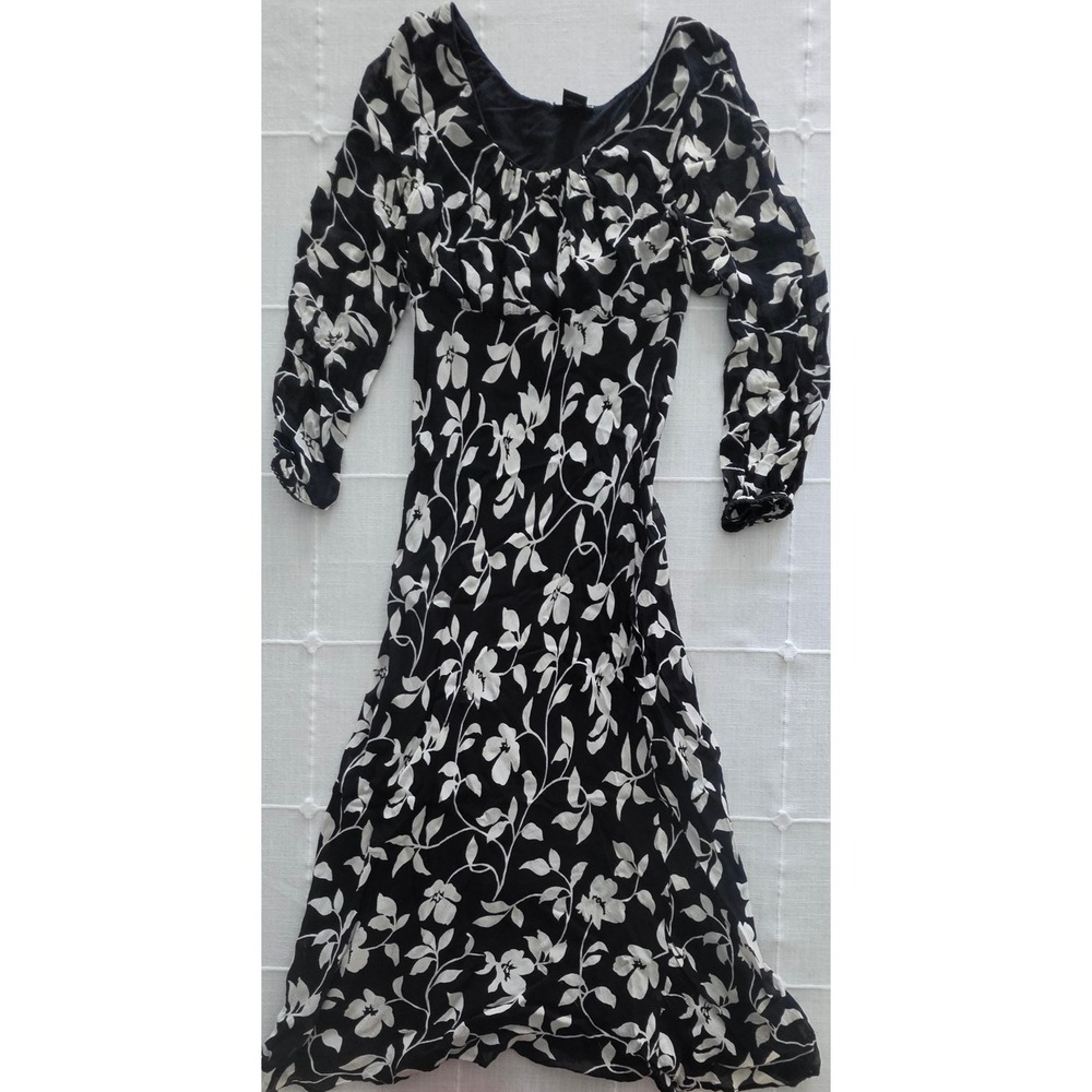 Nolita Floral Empire Waist Dress Black White Long Sleeve Womens S